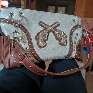 Brown & Cream Western-Accent Shoulder Bag with Rhinestone Pistols